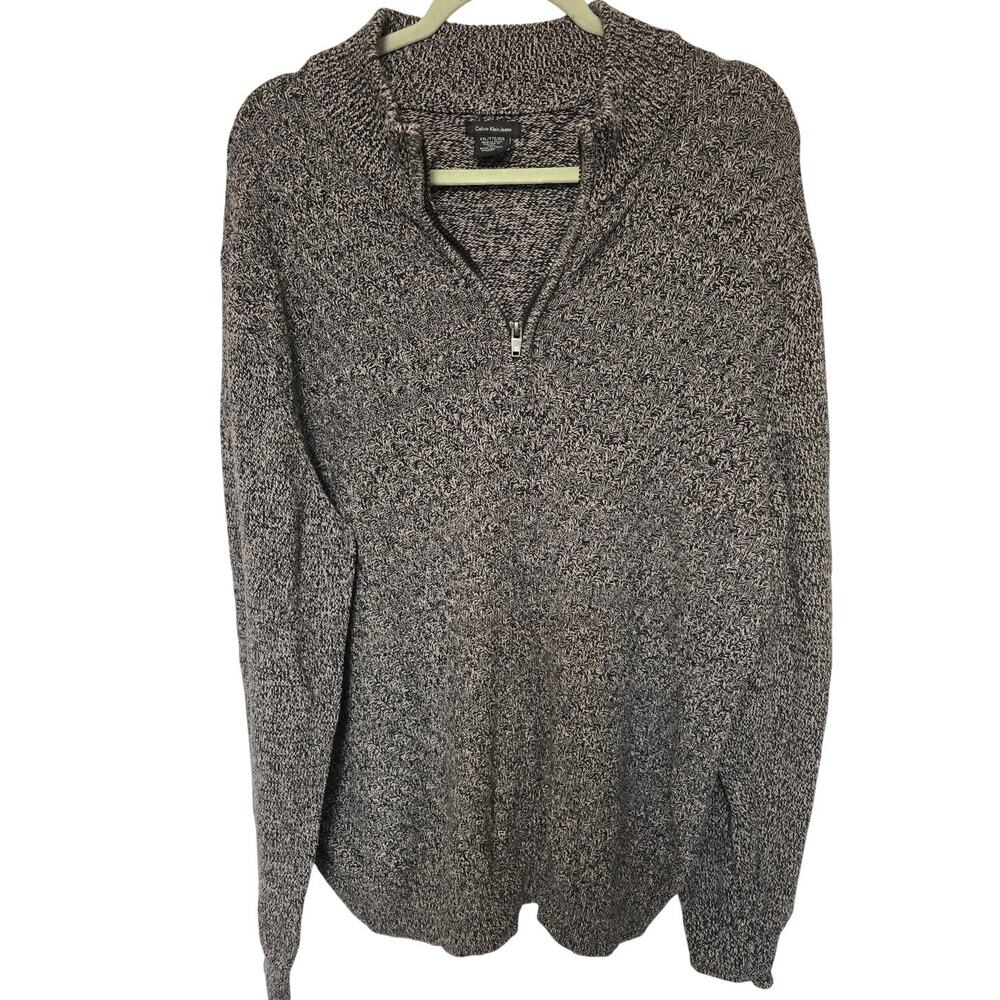 Calvin Klein Jeans Men's XXL 2X Black White Marled Cotton 1/4 Zip Shawl Sweater